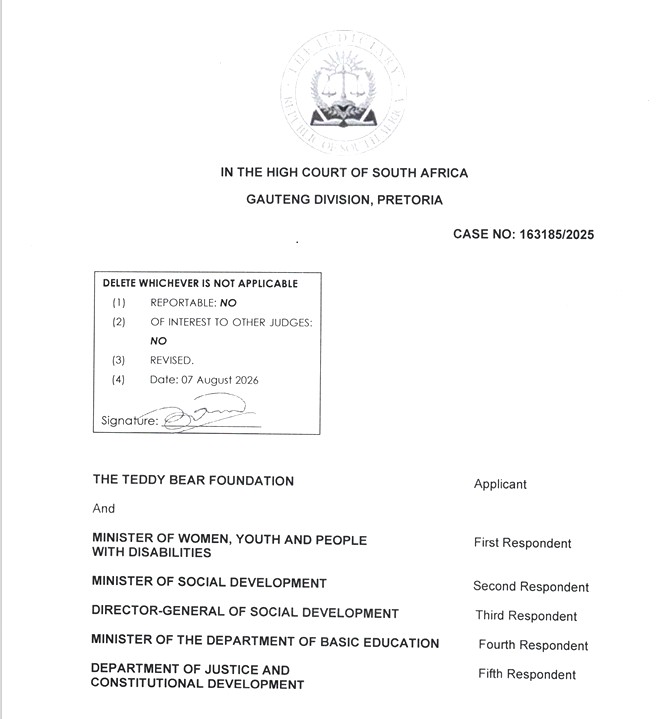 Judgment: TEDDY BEAR FOUNDATION // MINISTER OF WOMEN, YOUTH AND PEOPLE WITH DISABILITIES AND OTHERS CASE NO 163185/2025